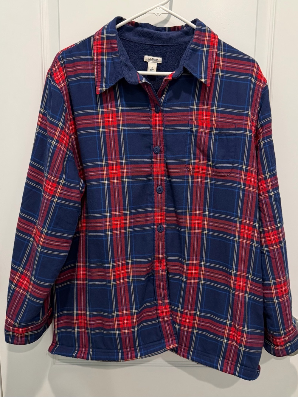 LL Bean Women’s Scotch Plaid Navy Shacket Shirt Jacket Fleece Lined Sz Petite L